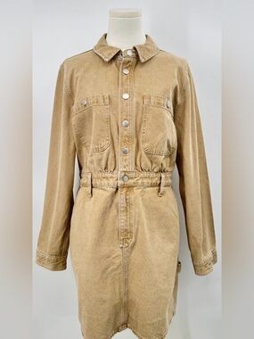 Madewell Denim Utility Dress Tan Jean Shirtdress Mini Short Button up L XL 14